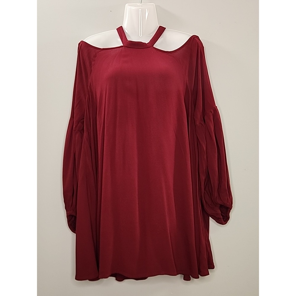 Free People Womens L Burgundy Cold Shoulder Draped Long Sleeve Tunic Mini Dress
